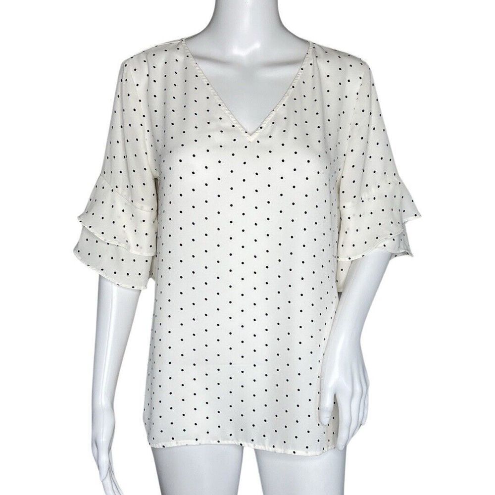 Loft Shirt Womens Small White Black Polka‎ Dot Ruffle Casual Workwear Versatile